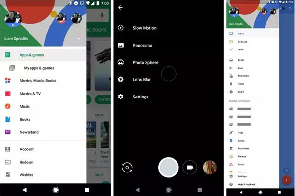 從左到右分別是 Play Store，Google Camera 及 Inbox
